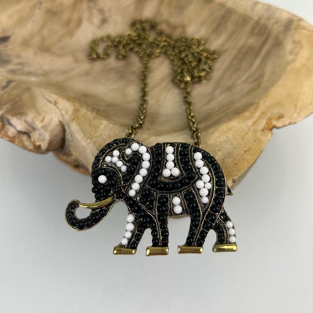 Beaded & Gold Metal Elephant Long Necklace
